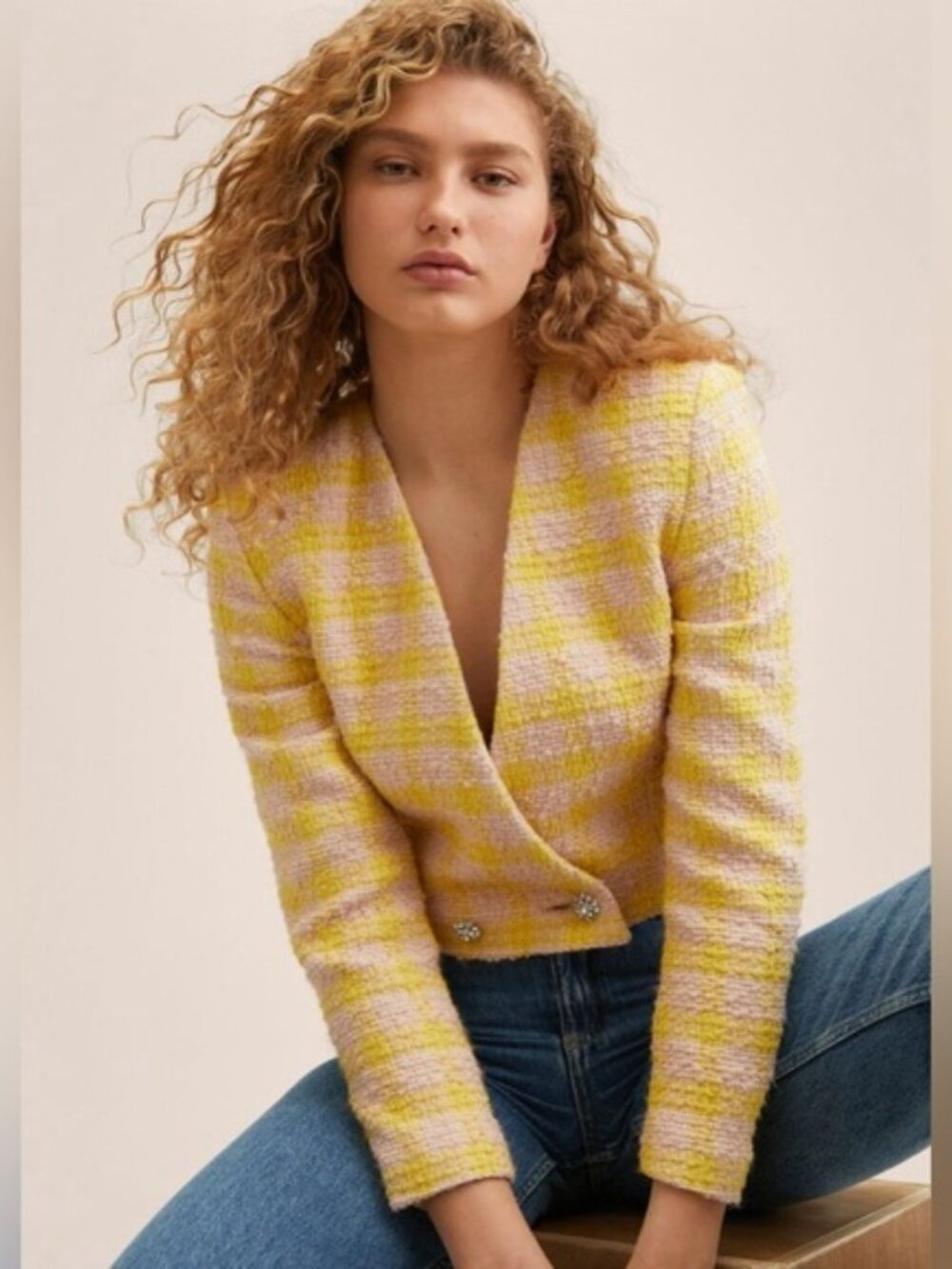 Mango Yellow Pink Plaid Cropped Tweed Jacket Blazer Medium
